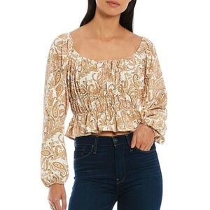 Golden Paisley Long Balloon Sleeve WAYF Cinched Waist Blouse XL Yellow Crop Top